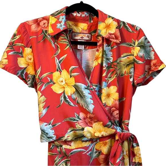 Caribbean Joe Faux Wrap Tropical Floral Maxi Dress Women’s SZ Small in Mango - Picture 2 of 7